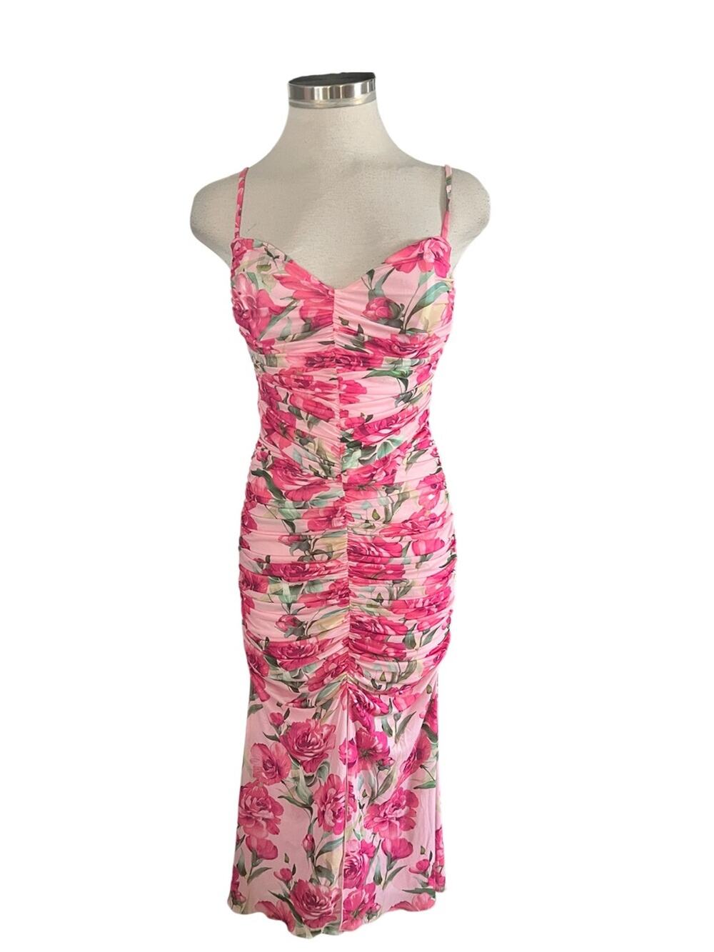 Lulus Floral  Printed Ruched Dress Sheer Pink Size Small NWOT
